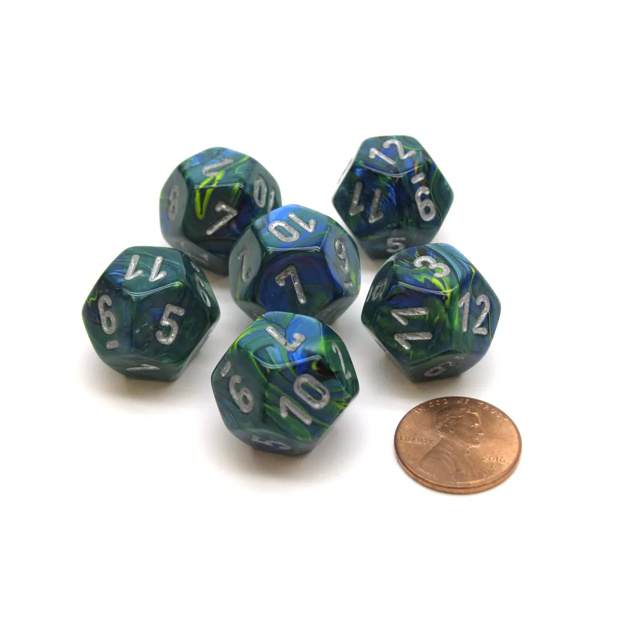 Festive 18mm 12 Sided D12 Chessex Dice, 6 Pieces - Green with Silver