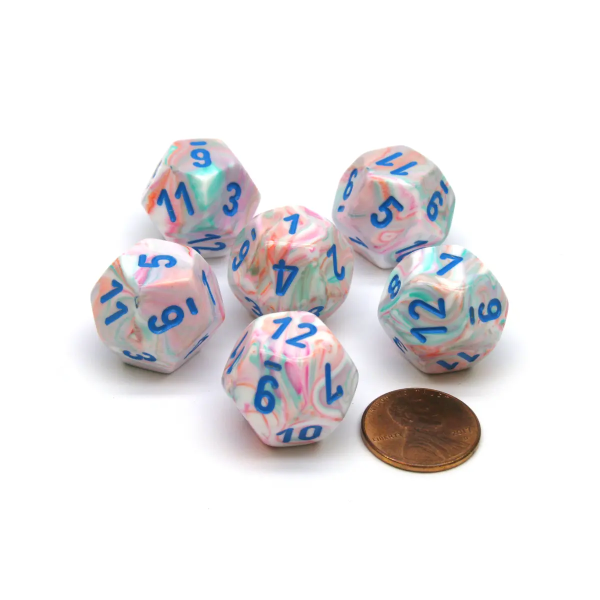 Festive 18mm 12 Sided D12 Chessex Dice, 6 Pieces - Pop Art with Blue Numbers