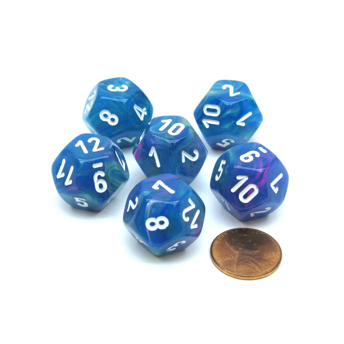 Festive 18mm 12 Sided D12 Chessex Dice, 6 Pieces - Waterlily with White Numbers