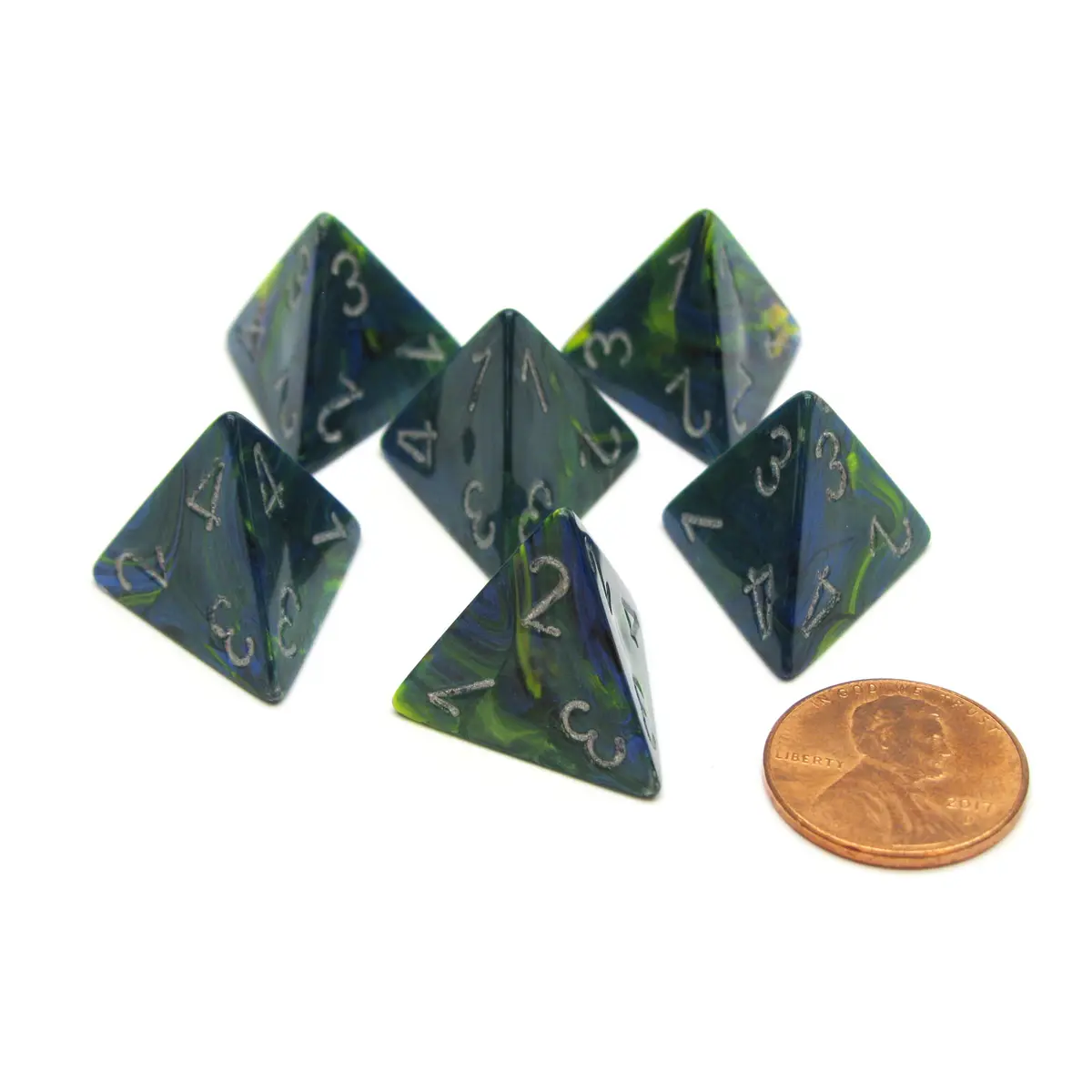 Festive 18mm 4 Sided D4 Chessex Dice, 6 Pieces - Green with Silver