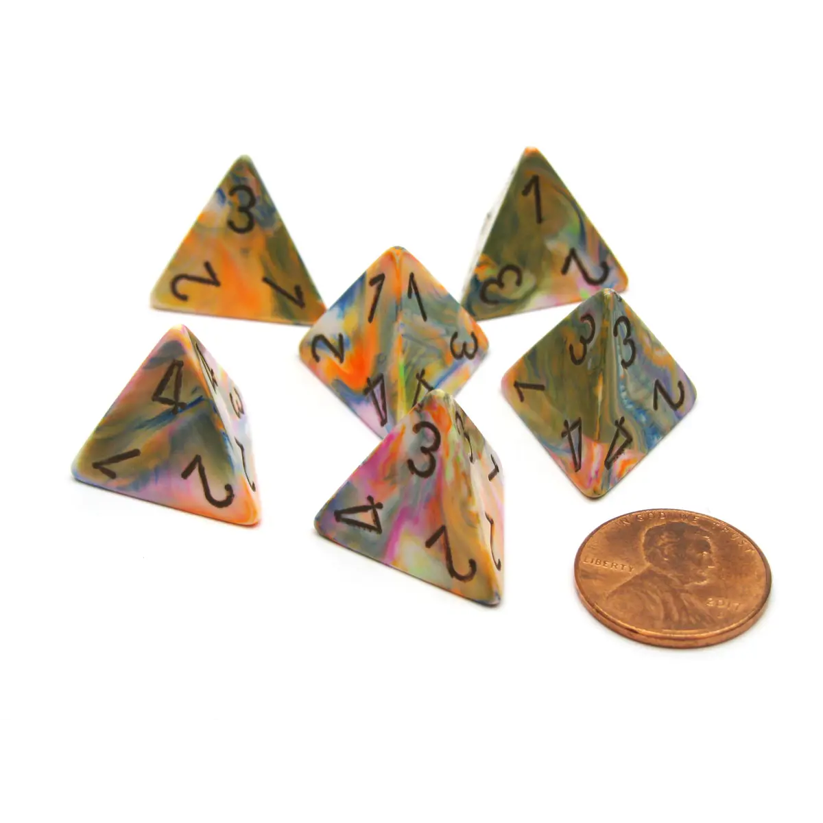 Festive 18mm 4 Sided D4 Chessex Dice, 6 Pieces - Vibrant with Brown