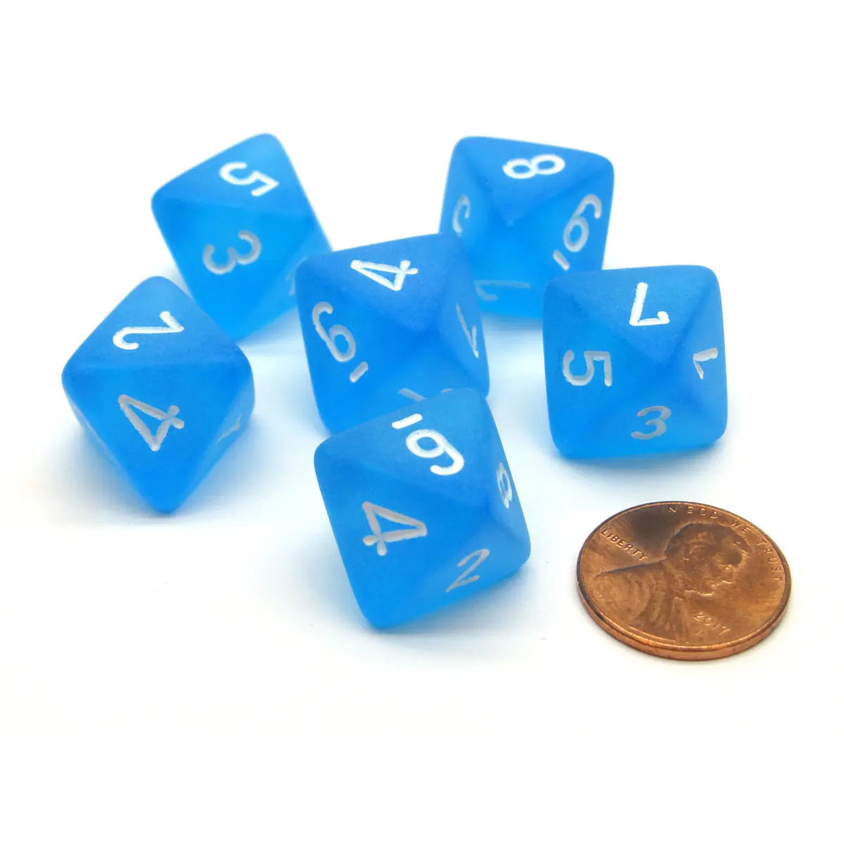 Frosted 15mm 8 Sided D8 Chessex Dice, 6 Pieces - Caribbean Blue with White