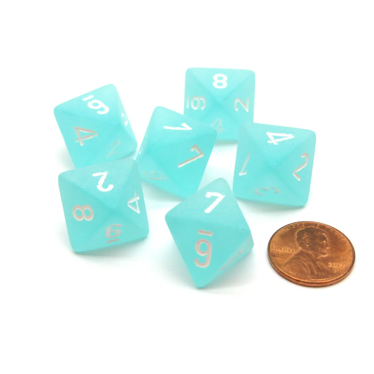 Frosted 15mm 8 Sided D8 Chessex Dice, 6 Pieces - Teal with White