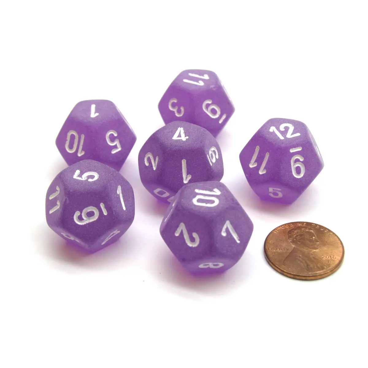 Frosted 18mm 12 Sided D12 Chessex Dice, 6 Pieces - Purple with White