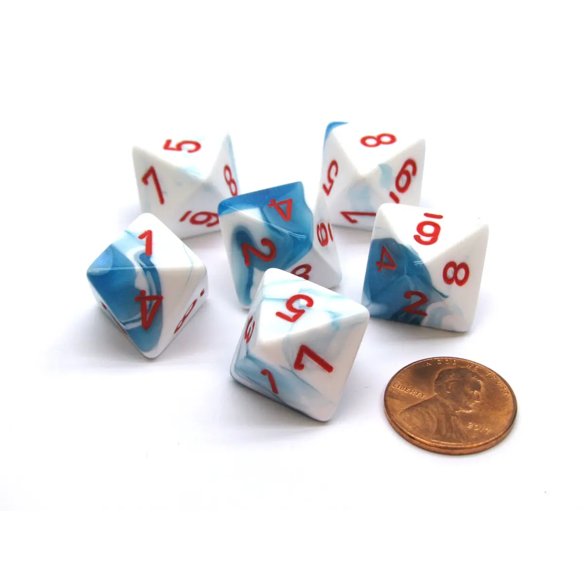 Gemini 15mm 8 Sided D8 Chessex Dice, 6 Pieces - Astral Blue-White with Red