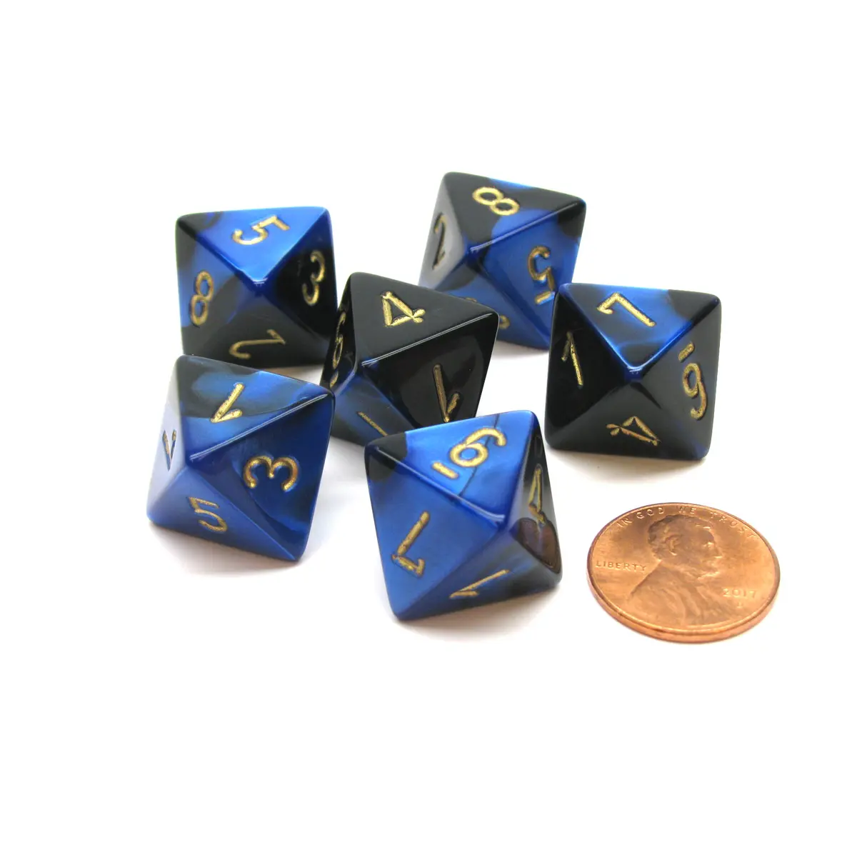Gemini 15mm 8 Sided D8 Chessex Dice, 6 Pieces - Black-Blue with Gold