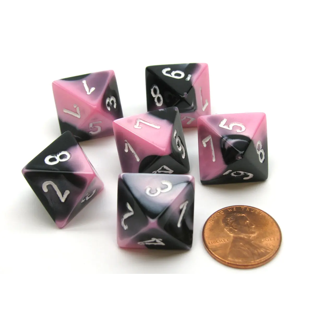 Gemini 15mm 8 Sided D8 Chessex Dice, 6 Pieces - Black-Pink with White