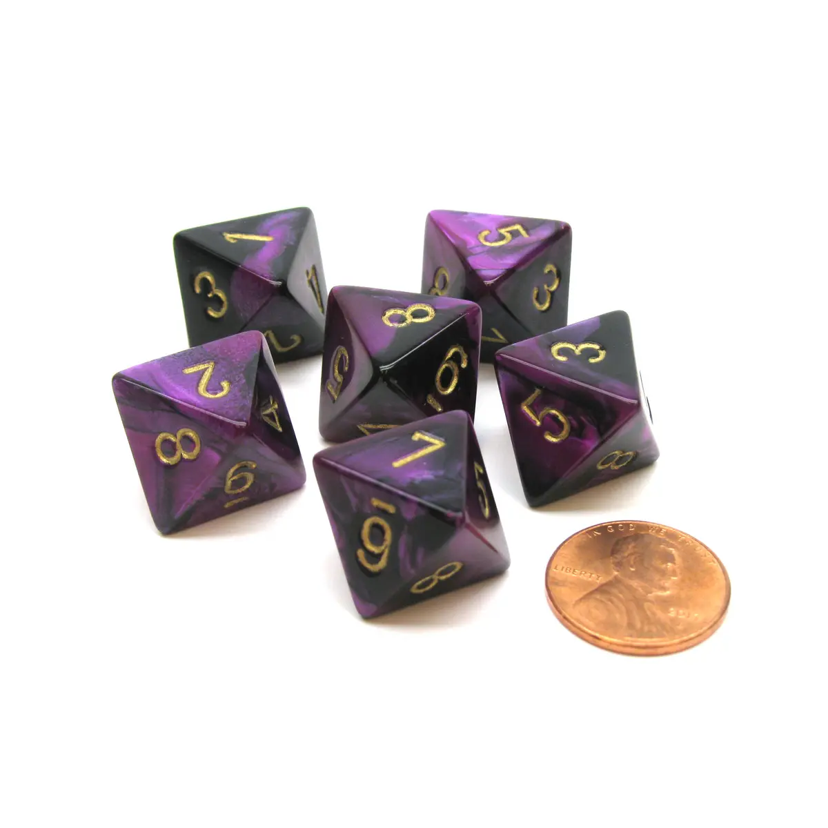 Gemini 15mm 8 Sided D8 Chessex Dice, 6 Pieces - Black-Purple with Gold