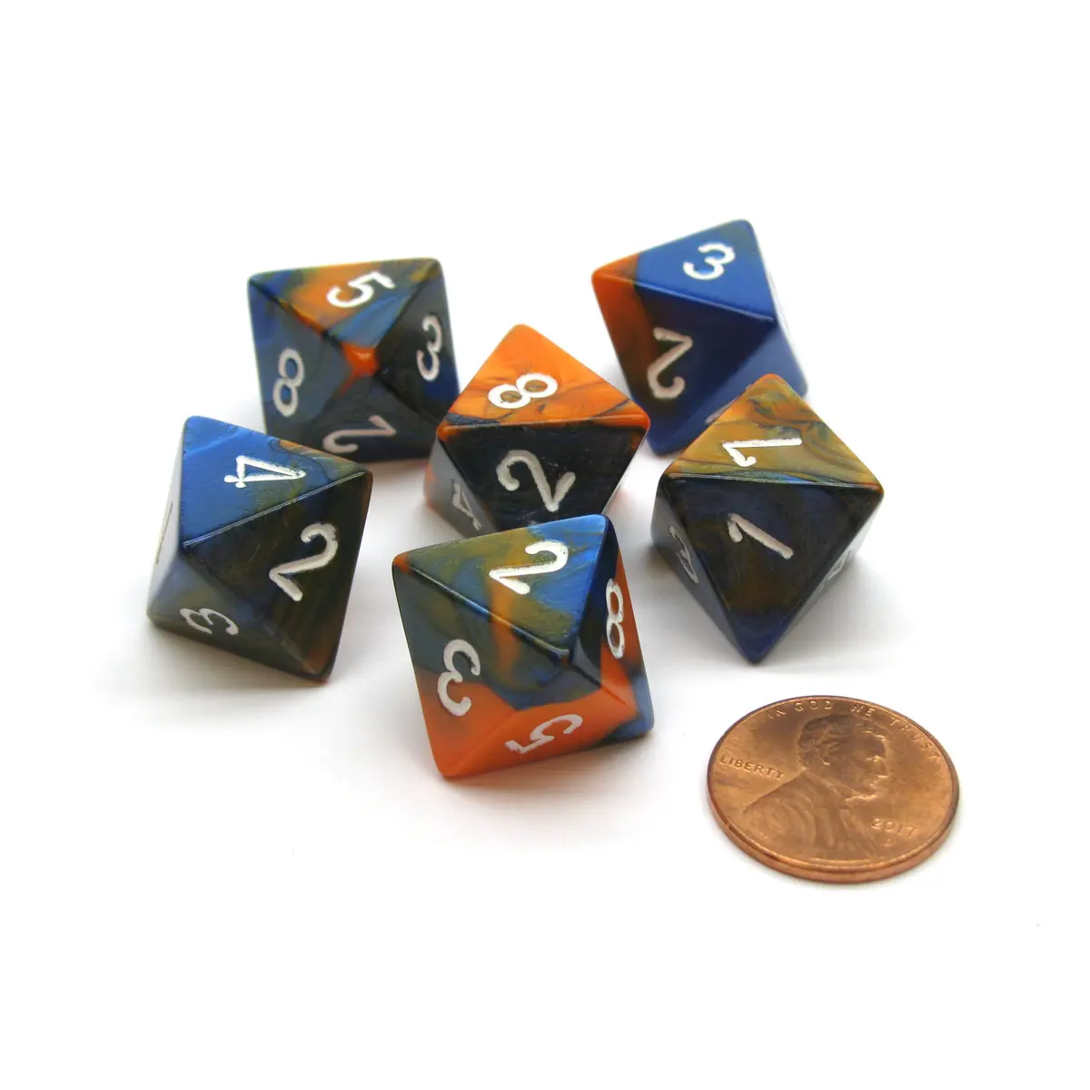 Gemini 15mm 8 Sided D8 Chessex Dice, 6 Pieces - Blue-Orange with White