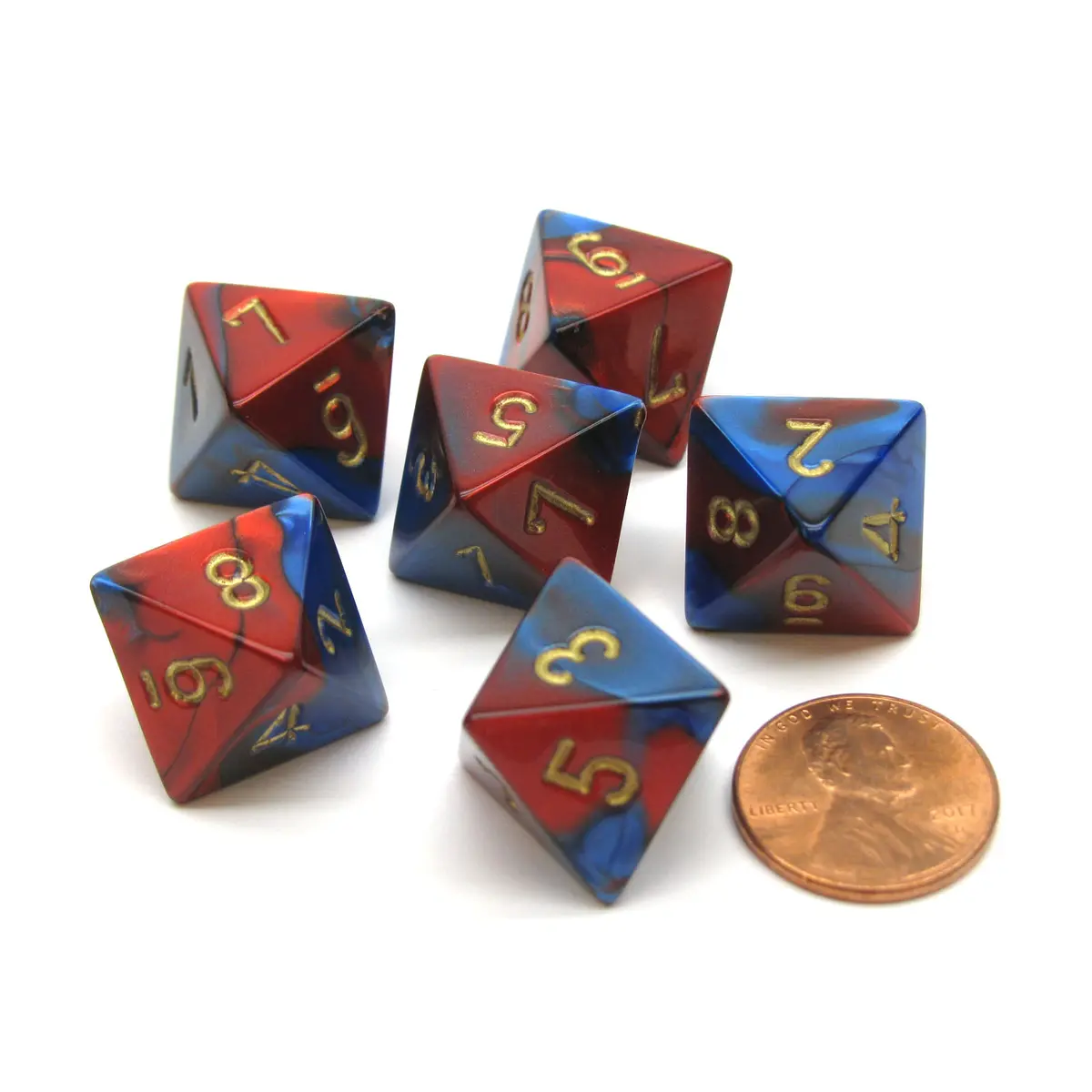 Gemini 15mm 8 Sided D8 Chessex Dice, 6 Pieces - Blue-Red with Gold