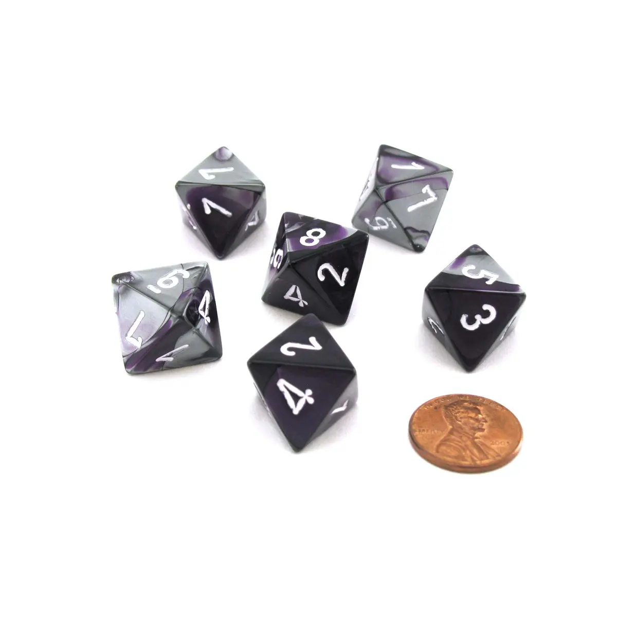 Gemini 15mm 8 Sided D8 Chessex Dice, 6 Pieces - Purple-Steel with White