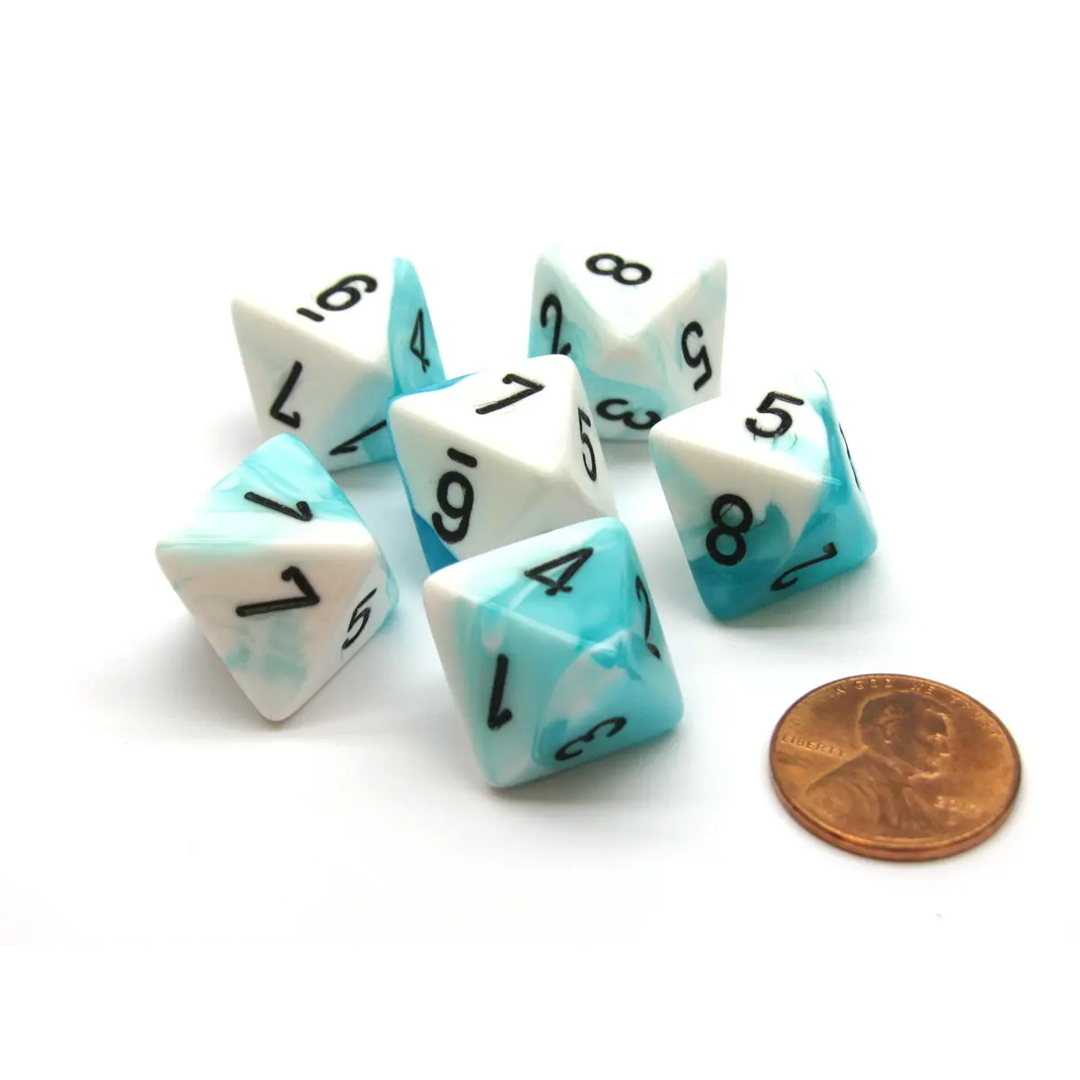 Gemini 15mm 8 Sided D8 Chessex Dice, 6 Pieces - Teal-White with Black