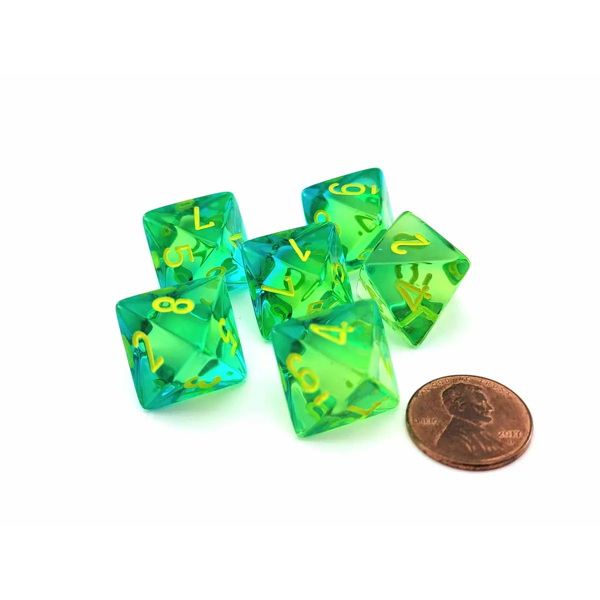 Gemini 15mm 8 Sided D8 Dice, 6 Pieces - Translucent Green-Teal with Yellow
