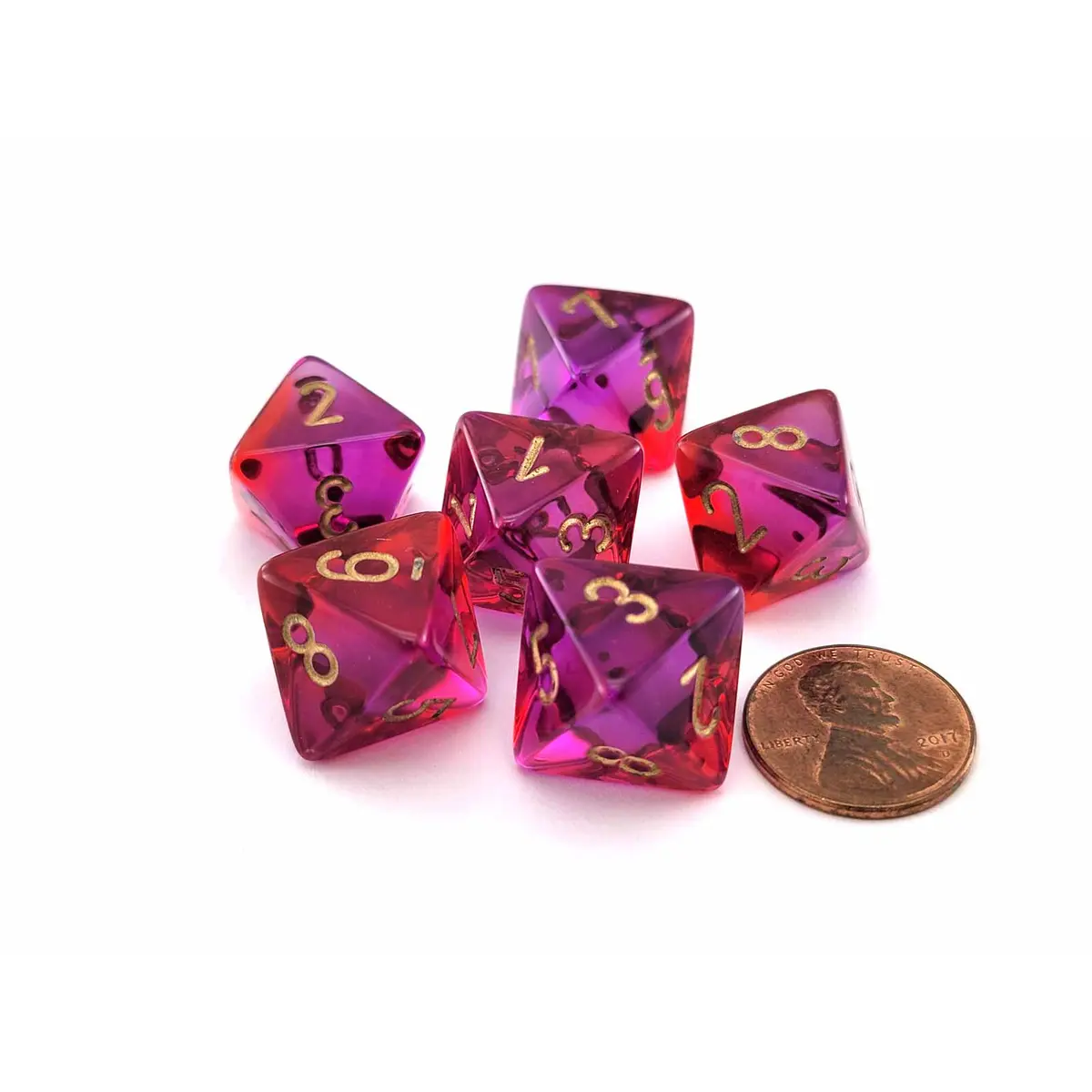 Gemini 15mm 8 Sided D8 Dice, 6 Pieces - Translucent Red-Violet with Gold