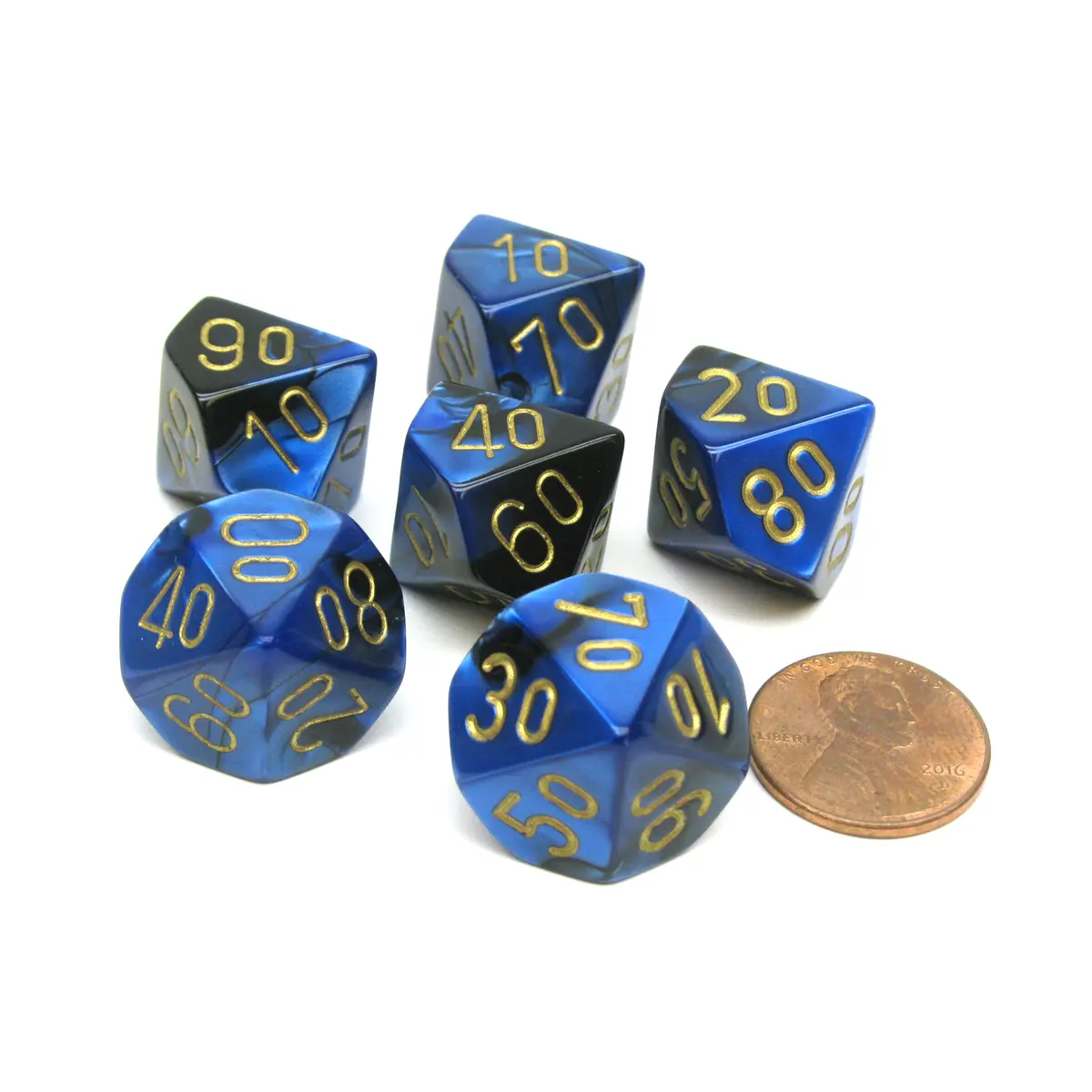 Gemini 16mm Tens D10 (00-90) Dice, 6 Pieces - Black-Blue with Gold Numbers