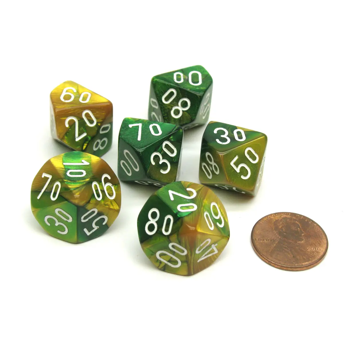 Gemini 16mm Tens D10 (00-90) Dice, 6 Pieces - Gold-Green with White Numbers
