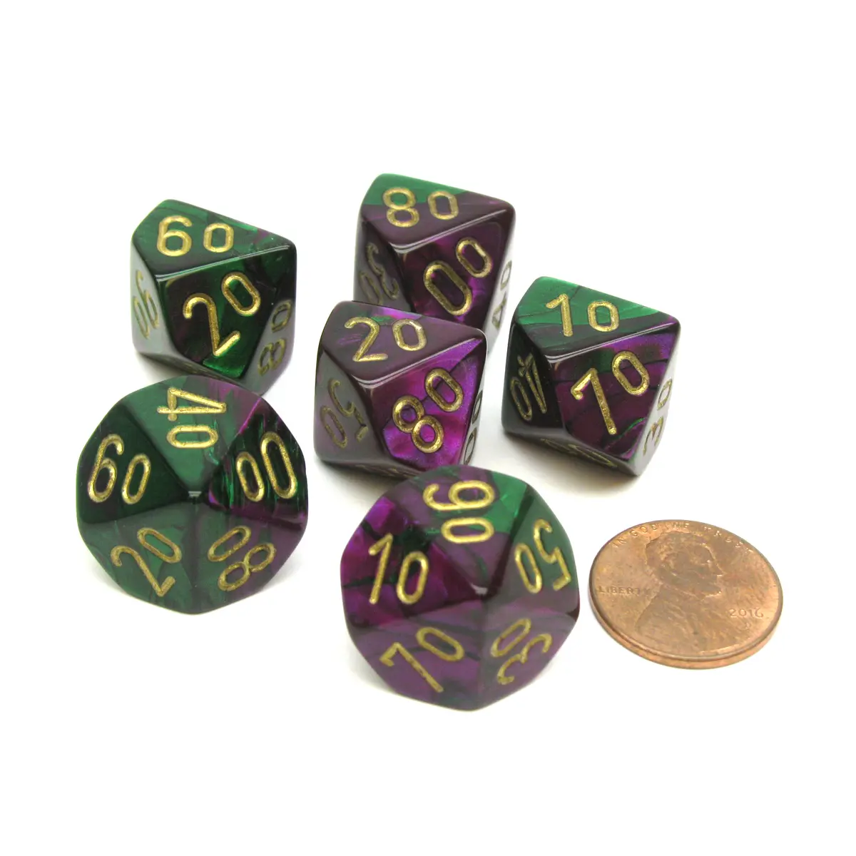Gemini 16mm Tens D10 (00-90) Dice, 6 Pieces - Green-Purple with Gold Numbers