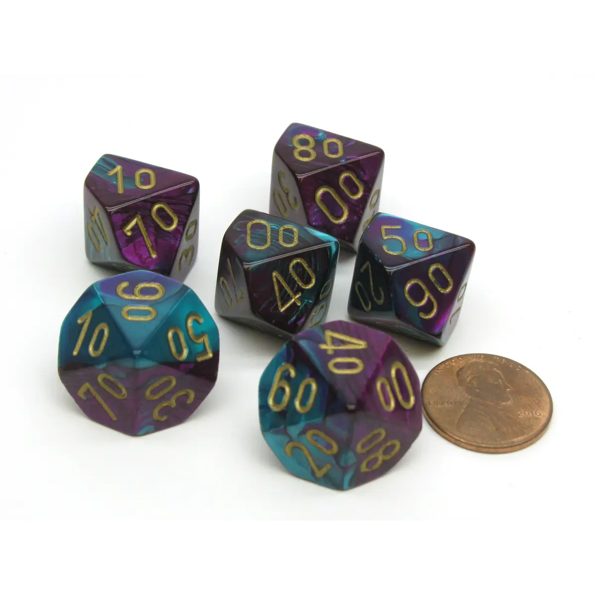 Gemini 16mm Tens D10 (00-90) Dice, 6 Pieces - Purple-Teal with Gold Numbers