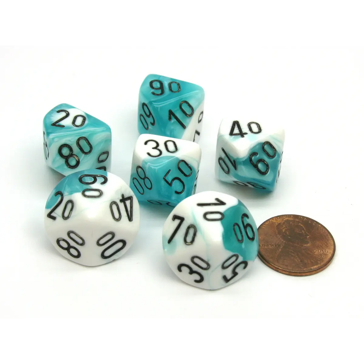 Gemini 16mm Tens D10 (00-90) Dice, 6 Pieces - Teal-White with Black Numbers