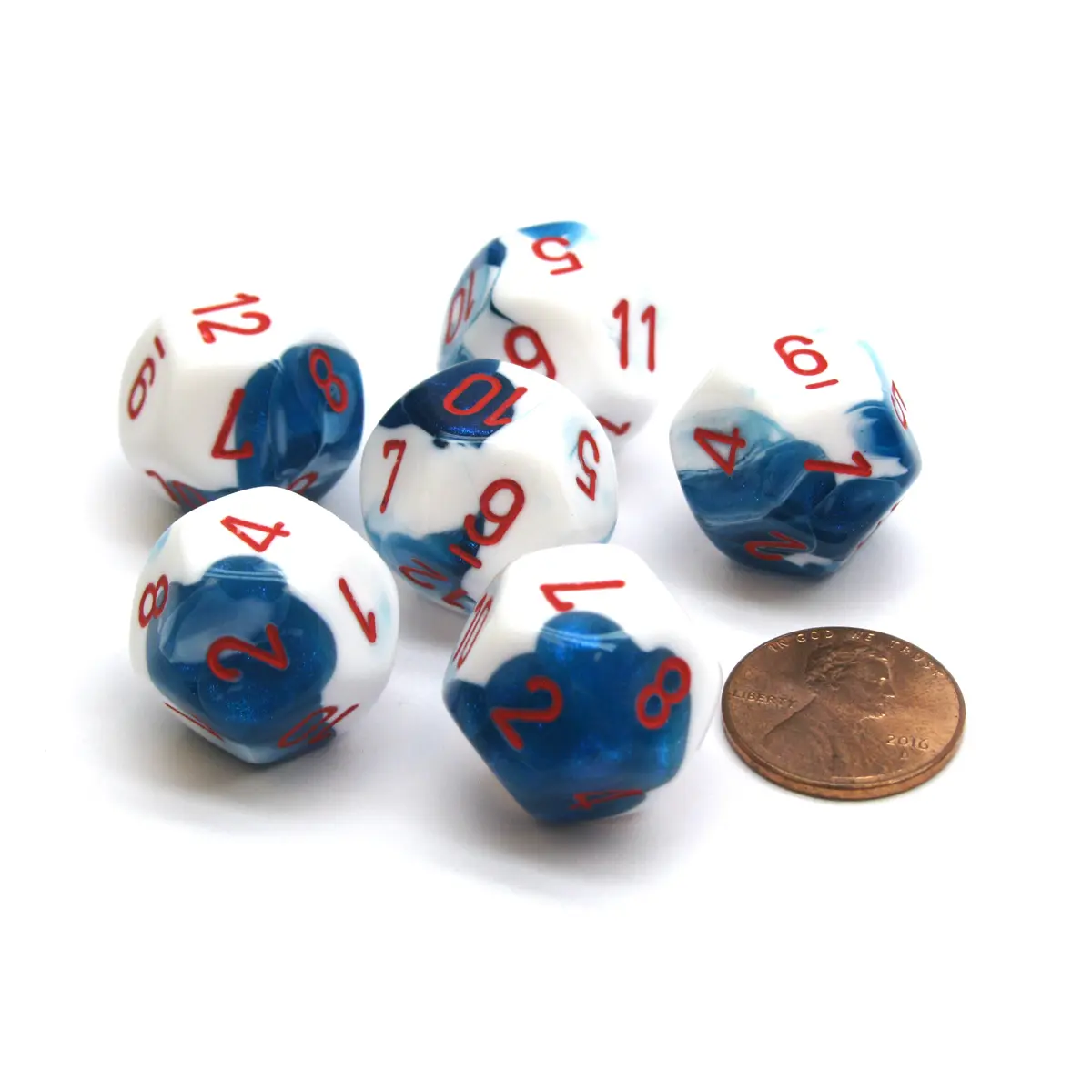 Gemini 18mm 12 Sided D12 Chessex Dice, 6 Pieces - Astral Blue-White with Red