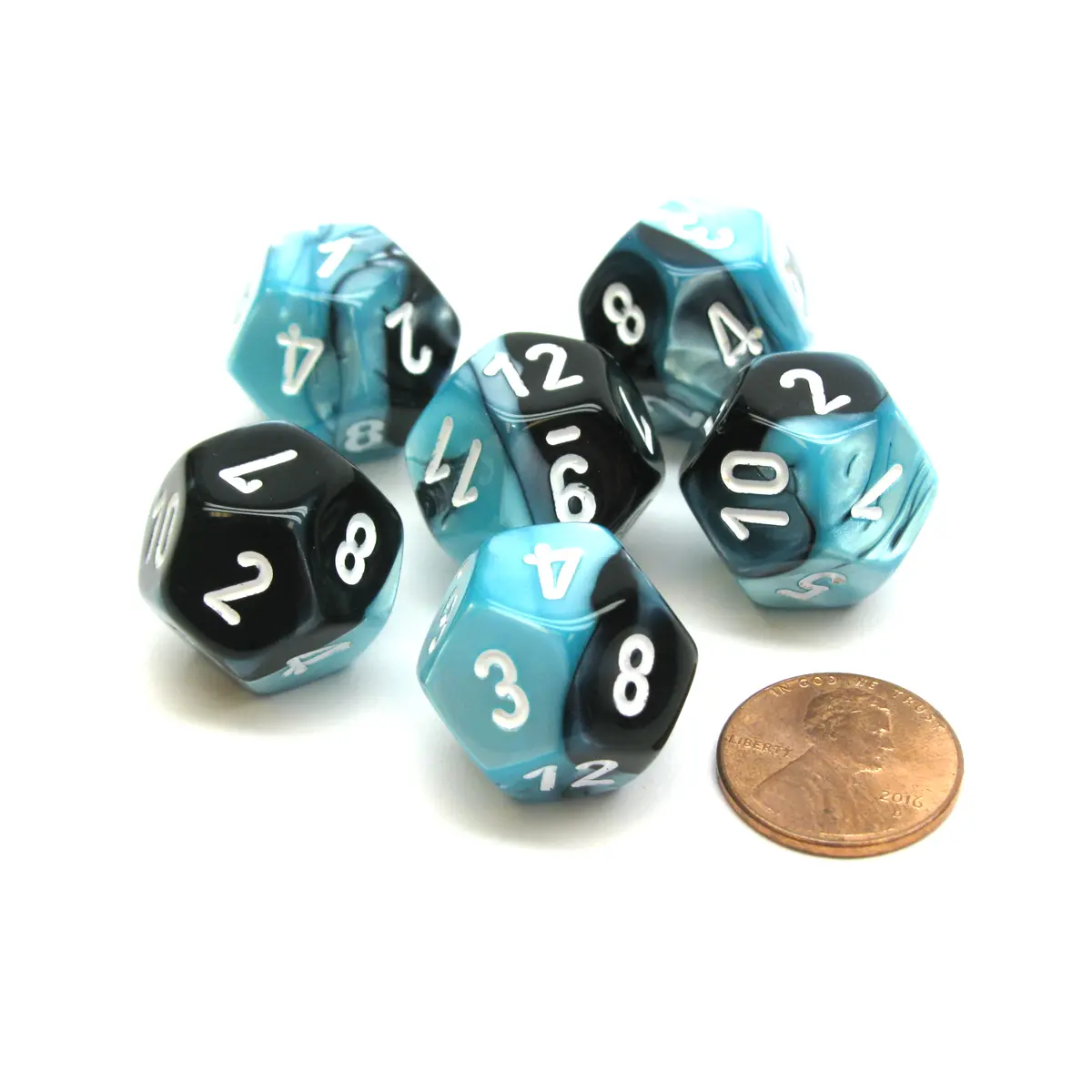 Gemini 18mm 12 Sided D12 Chessex Dice, 6 Pieces - Black-Shell with White