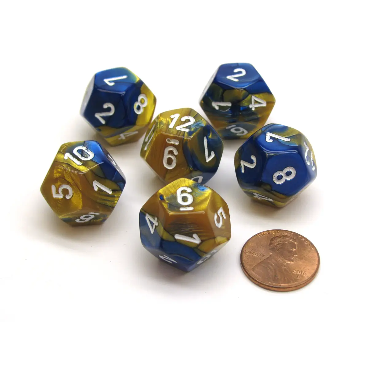 Gemini 18mm 12 Sided D12 Chessex Dice, 6 Pieces - Blue-Gold with White