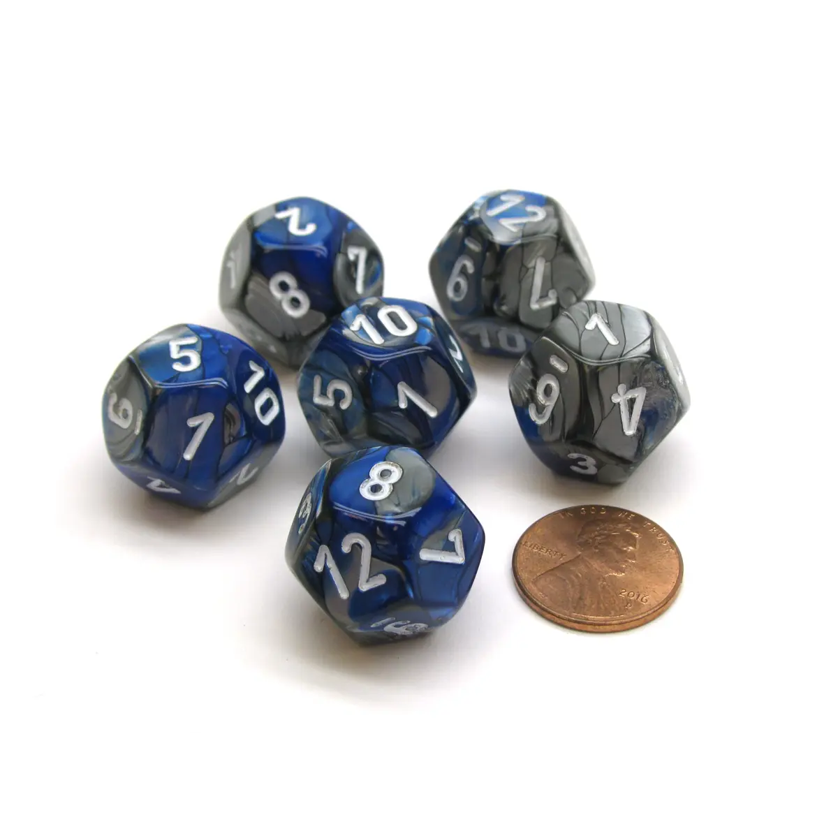 Gemini 18mm 12 Sided D12 Chessex Dice, 6 Pieces - Blue-Steel with White
