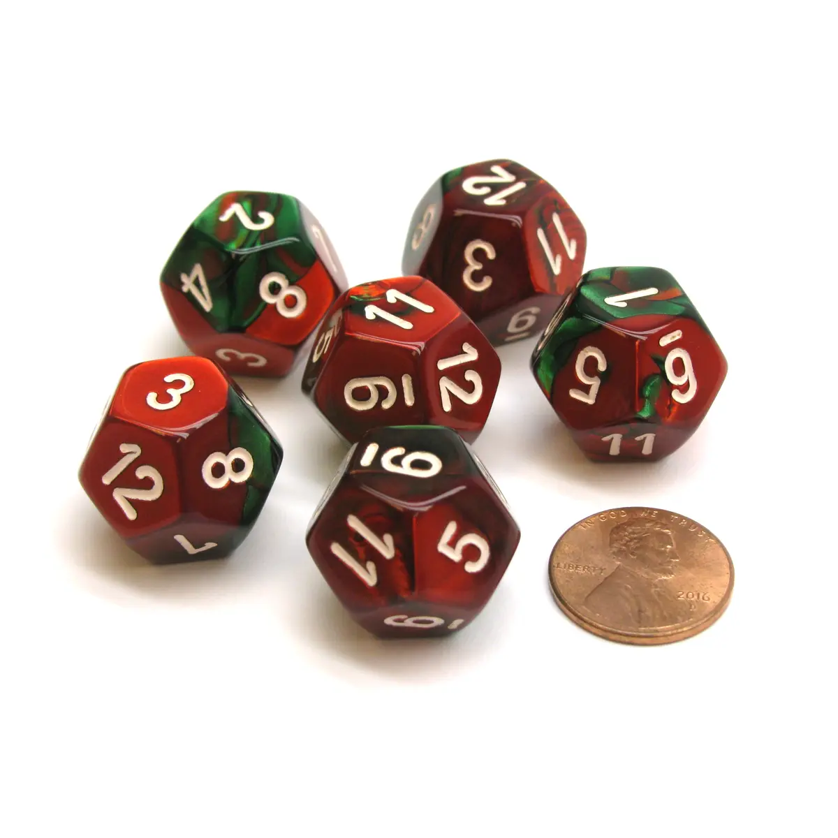 Gemini 18mm 12 Sided D12 Chessex Dice, 6 Pieces - Green-Red with White
