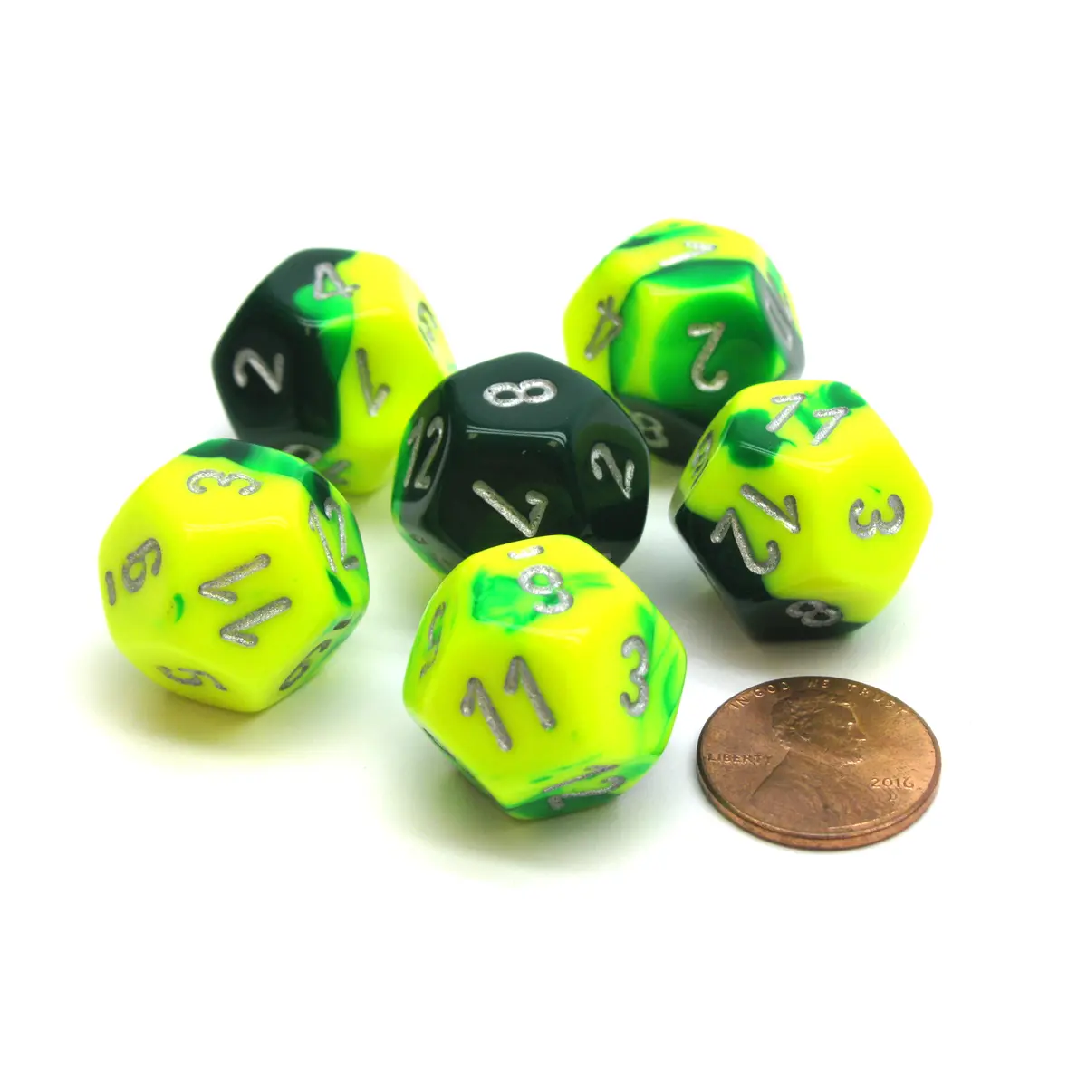 Gemini 18mm 12 Sided D12 Chessex Dice, 6 Pieces - Green-Yellow with Silver