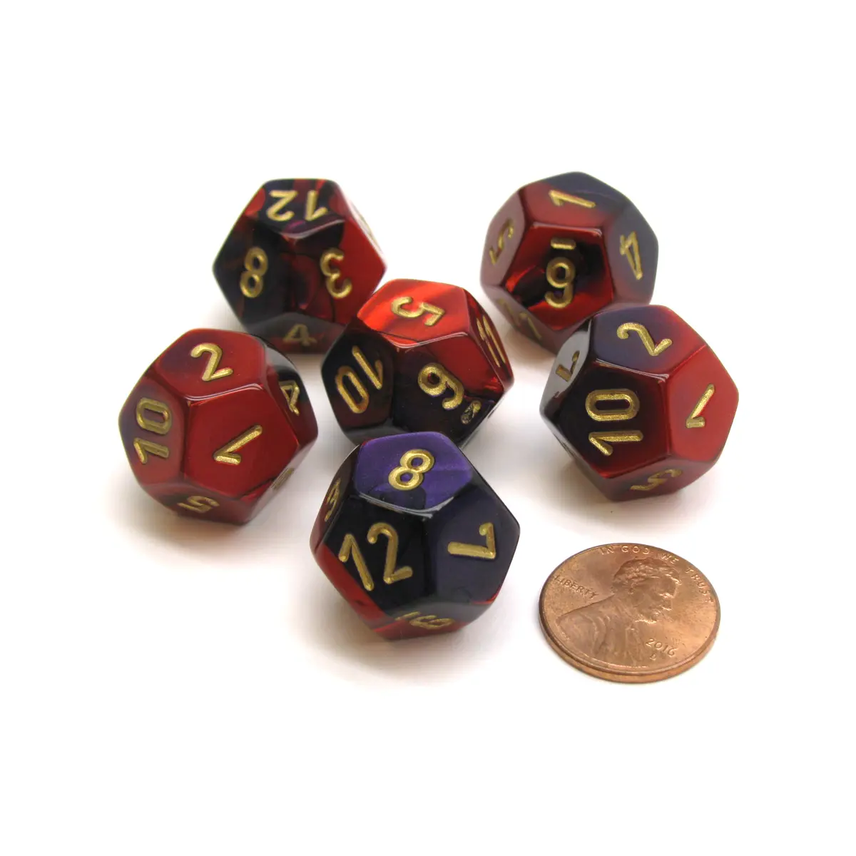 Gemini 18mm 12 Sided D12 Chessex Dice, 6 Pieces - Purple-Red with Gold