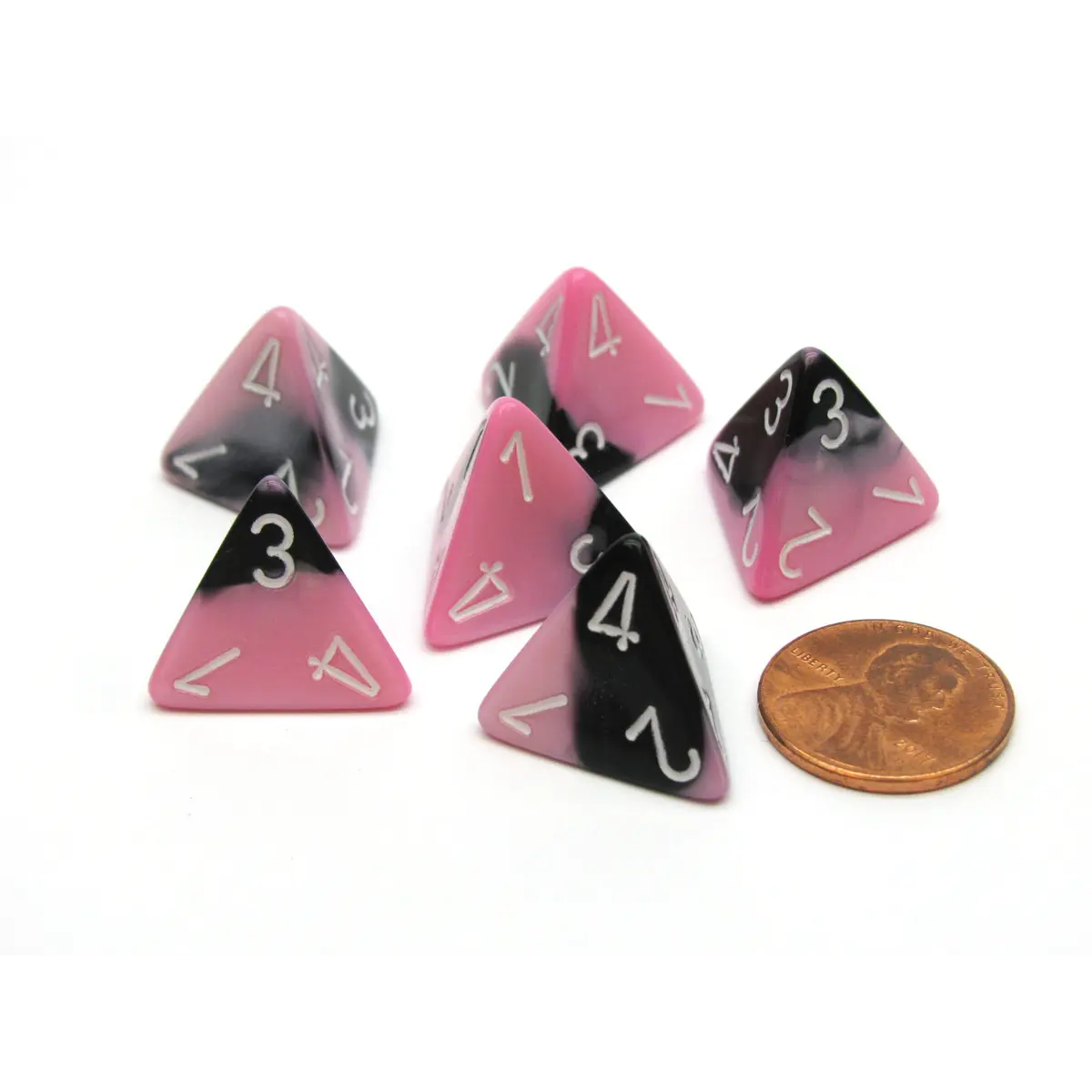 Gemini 18mm 4 Sided D4 Chessex Dice, 6 Pieces - Black-Pink with White