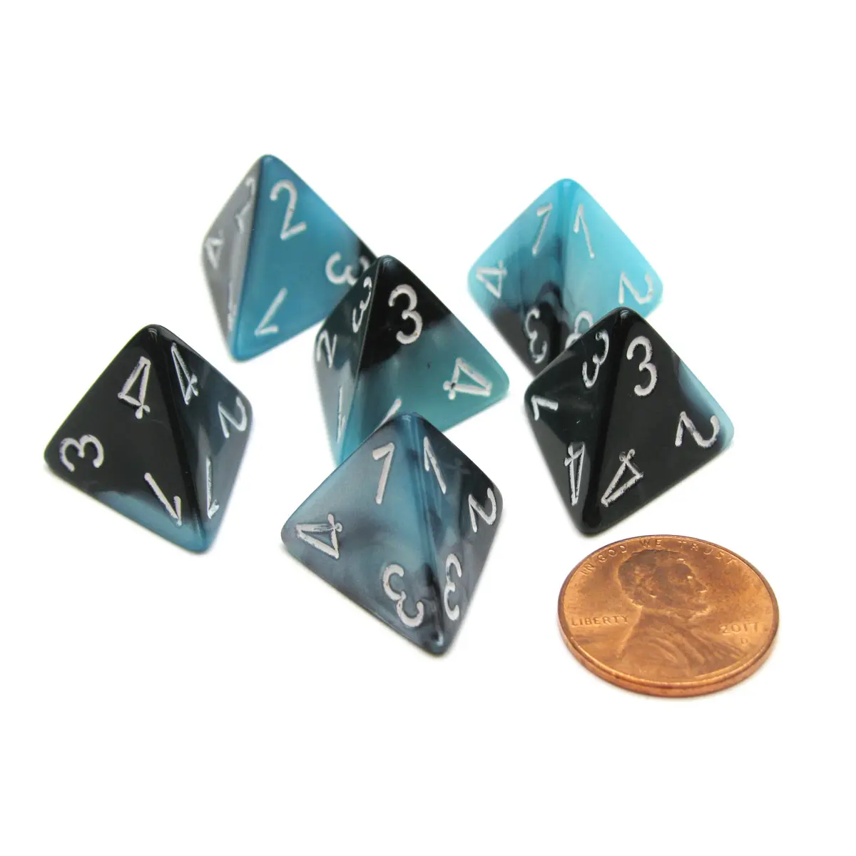 Gemini 18mm 4 Sided D4 Chessex Dice, 6 Pieces - Black-Shell with White