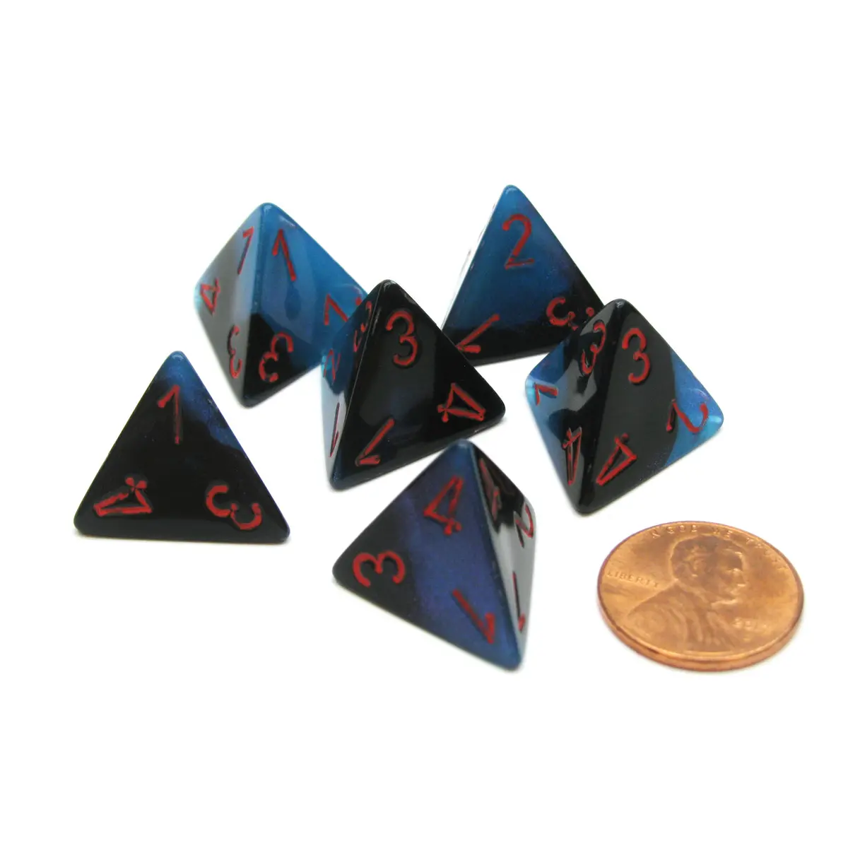 Gemini 18mm 4 Sided D4 Chessex Dice, 6 Pieces - Black-Starlight with Red