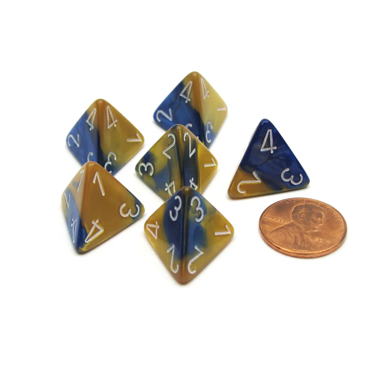 Gemini 18mm 4 Sided D4 Chessex Dice, 6 Pieces - Blue-Gold with White
