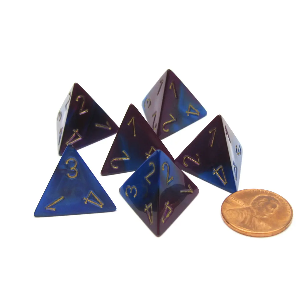 Gemini 18mm 4 Sided D4 Chessex Dice, 6 Pieces - Blue-Purple with Gold