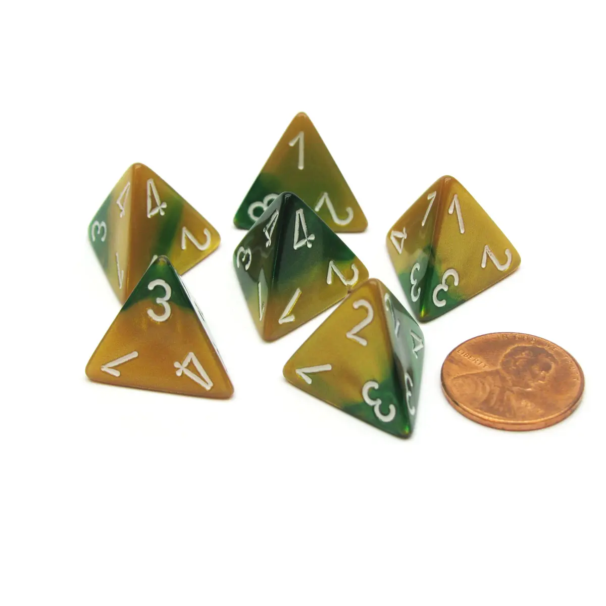 Gemini 18mm 4 Sided D4 Chessex Dice, 6 Pieces - Gold-Green with White