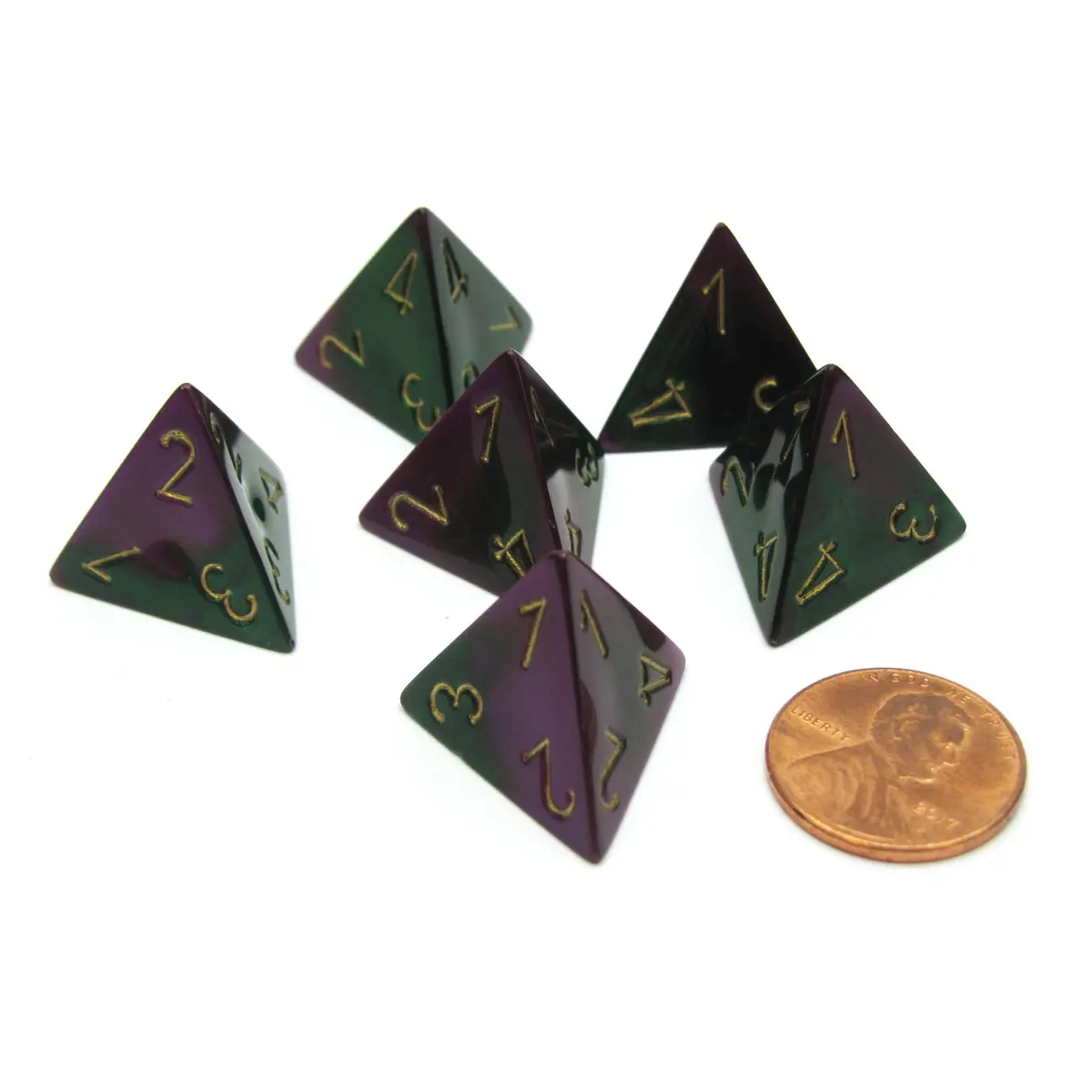 Gemini 18mm 4 Sided D4 Chessex Dice, 6 Pieces - Green-Purple with Gold