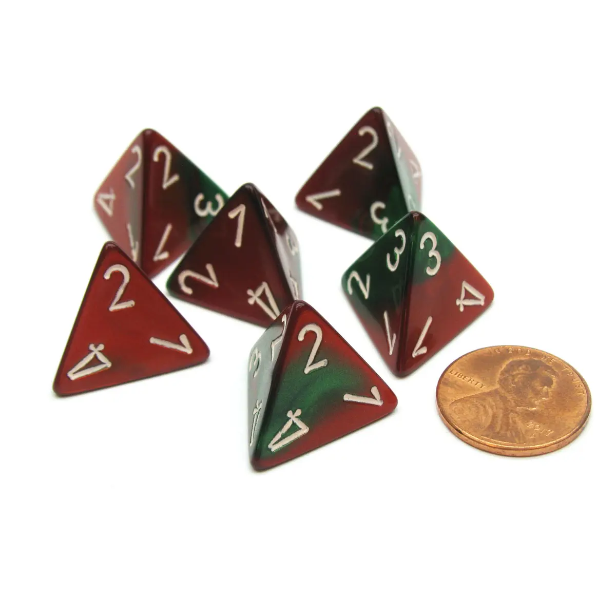 Gemini 18mm 4 Sided D4 Chessex Dice, 6 Pieces - Green-Red with White