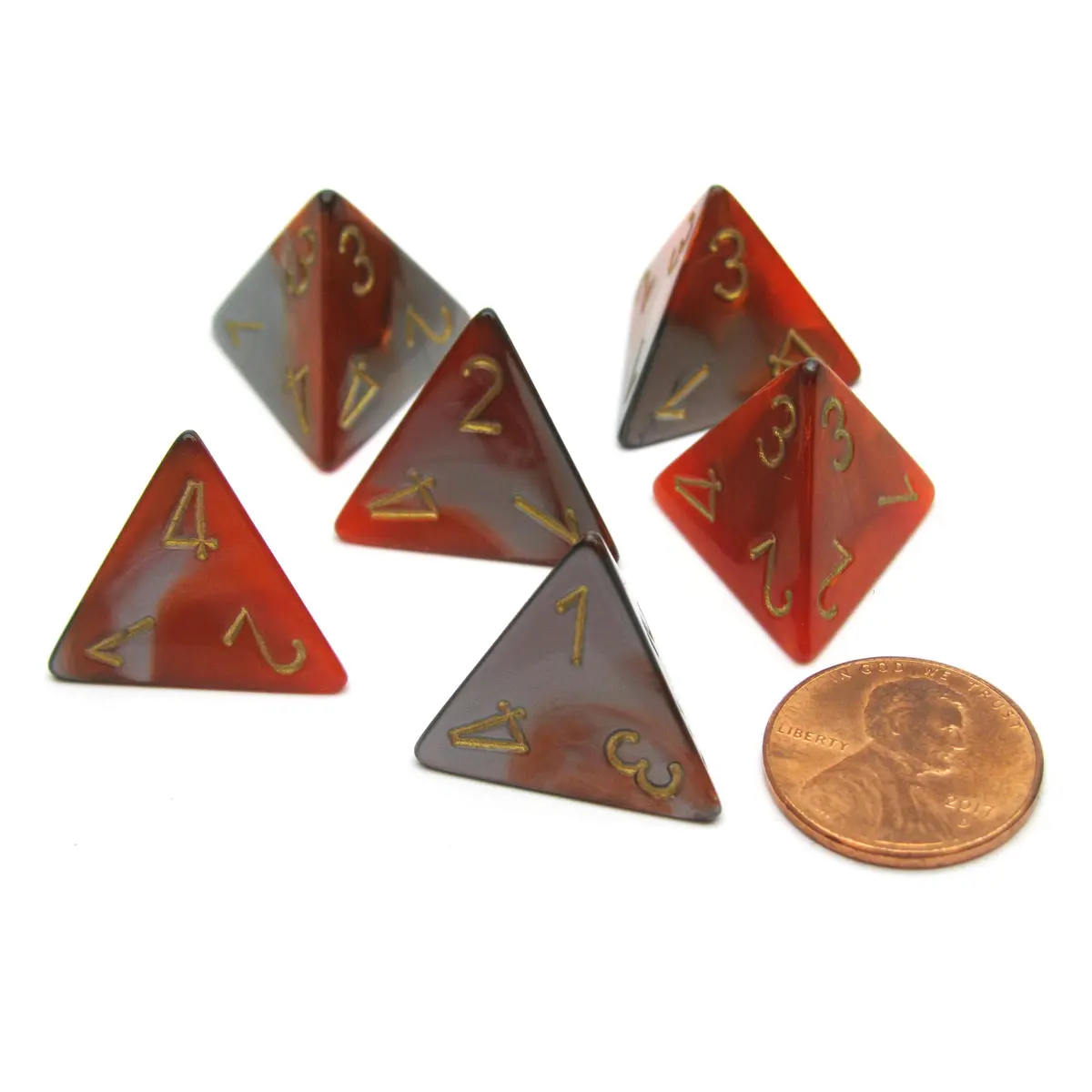 Gemini 18mm 4 Sided D4 Chessex Dice, 6 Pieces - Orange-Steel with Gold