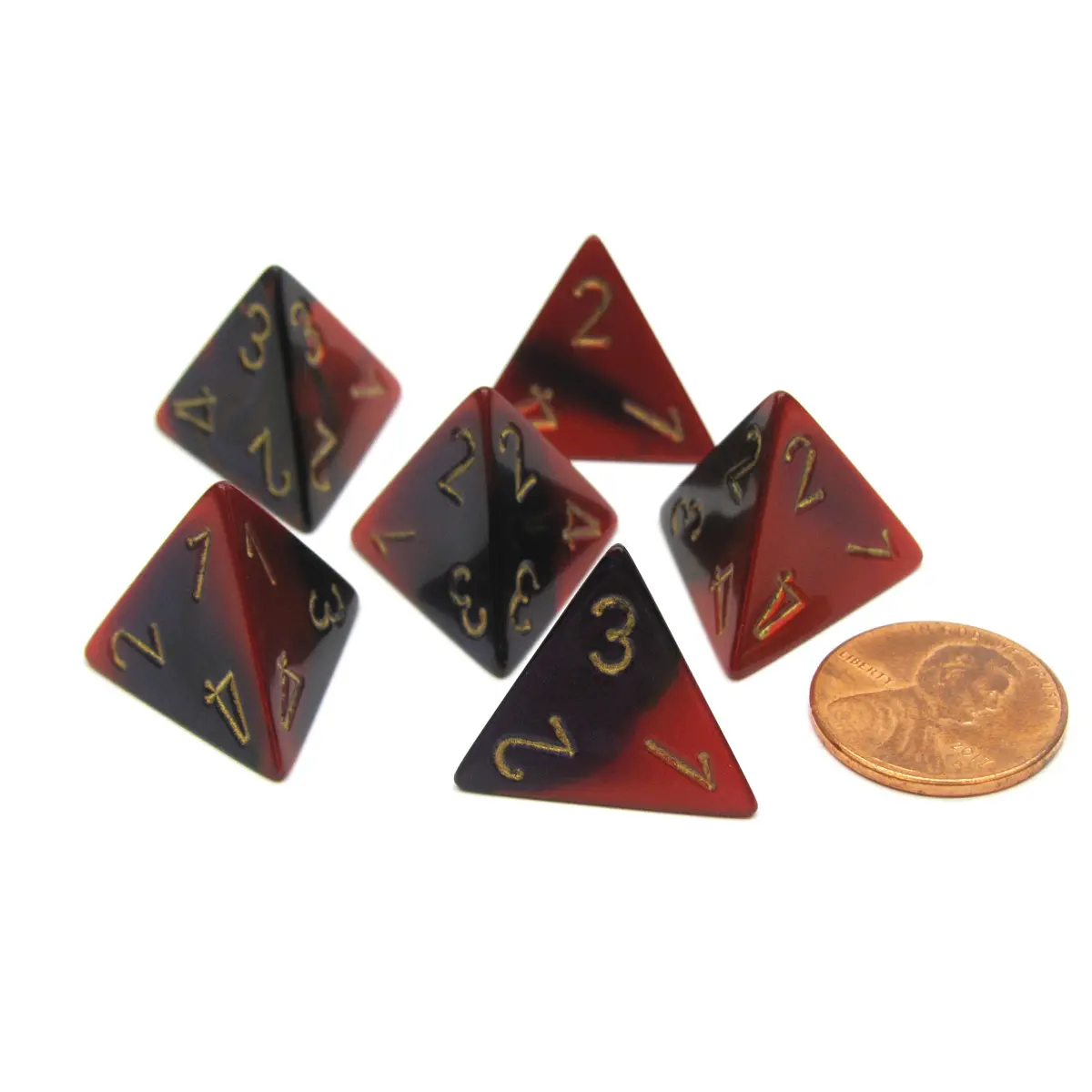 Gemini 18mm 4 Sided D4 Chessex Dice, 6 Pieces - Purple-Red with Gold