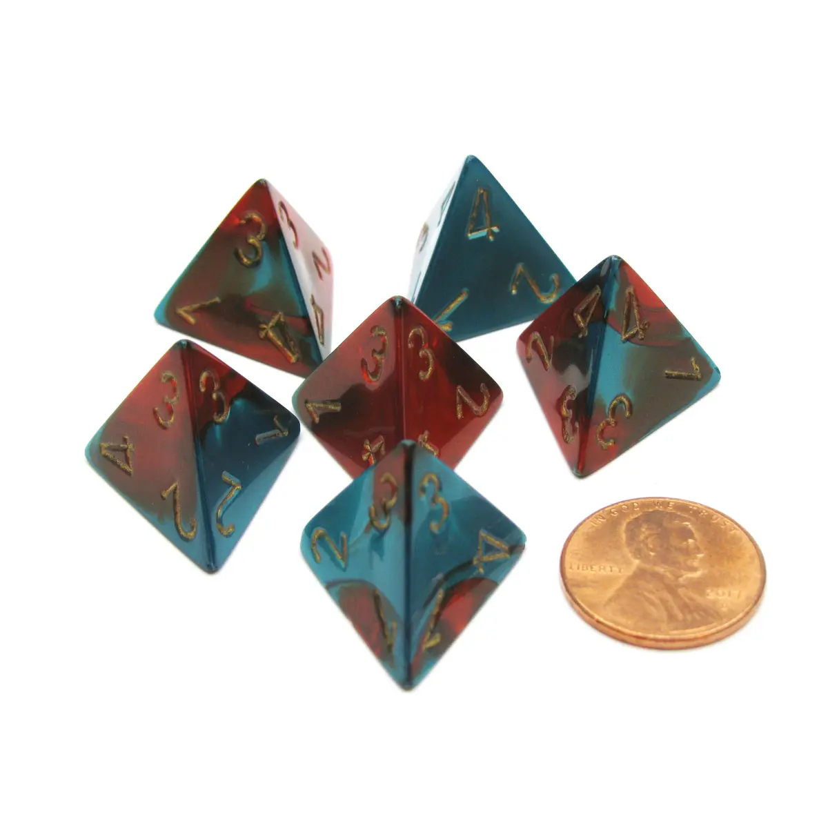 Gemini 18mm 4 Sided D4 Chessex Dice, 6 Pieces - Red-Teal with Gold