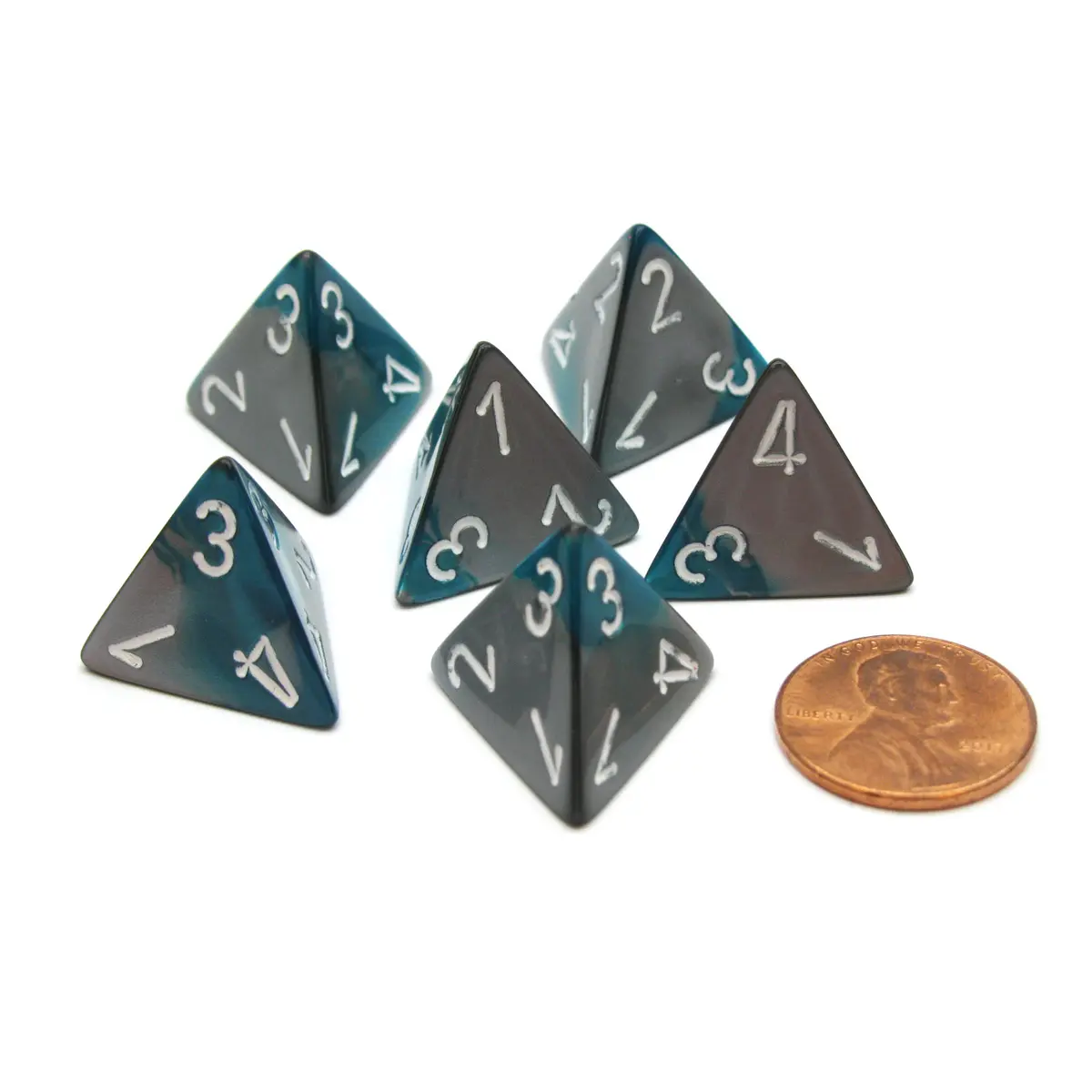 Gemini 18mm 4 Sided D4 Chessex Dice, 6 Pieces - Steel-Teal with White