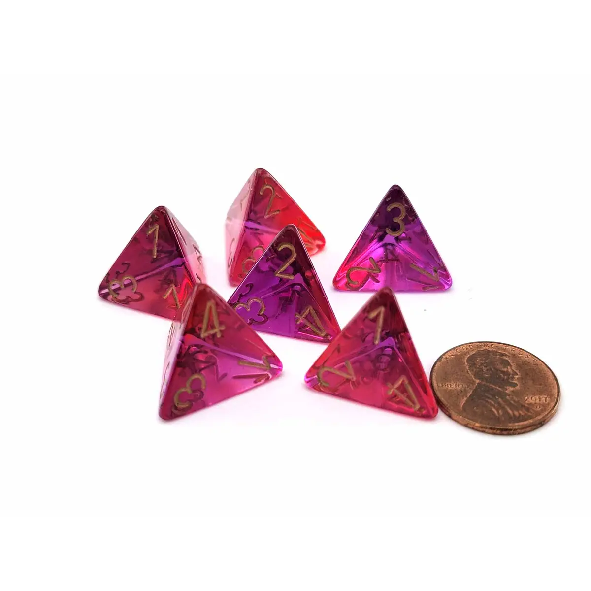 Gemini 18mm 4 Sided D4 Dice, 6 Pieces - Translucent Red-Violet with Gold