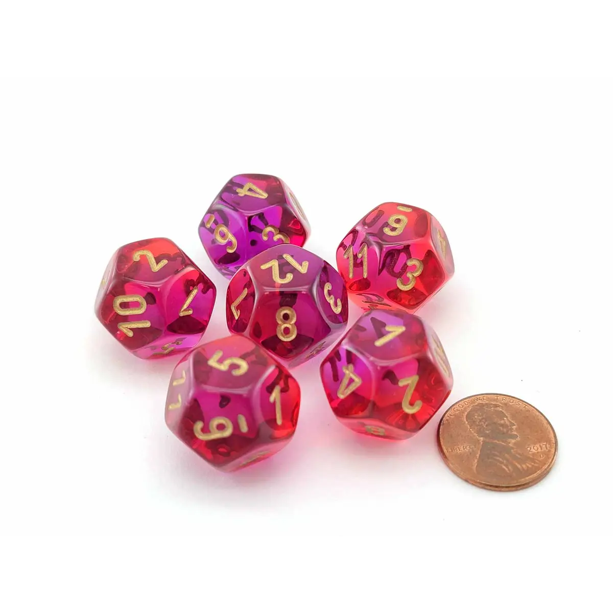 Gemini 18mm D12 Dice, 6 Pieces - Translucent Red-Violet with Gold Numbers