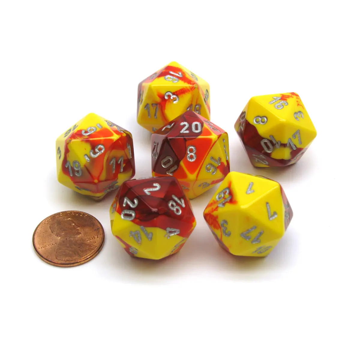 Gemini 20 Sided D20 Chessex Dice, 6 Pieces - Red-Yellow with Silver Numbers