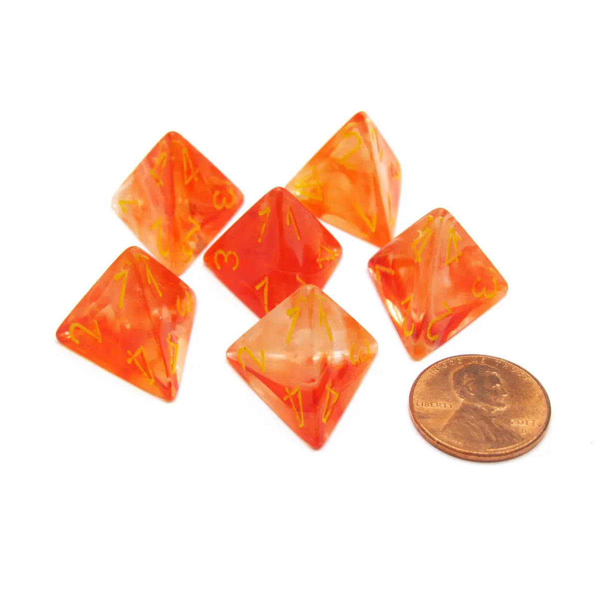 Ghostly Glow 18mm 4 Sided D4 Chessex Dice, 6 Pieces - Orange with Yellow