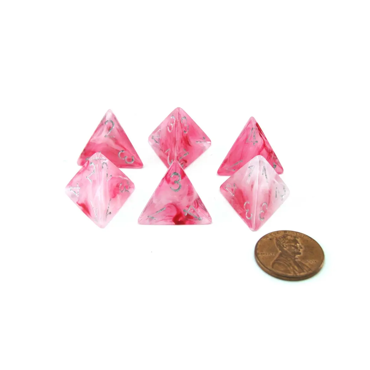 Ghostly Glow 18mm 4 Sided D4 Chessex Dice, 6 Pieces - Pink with Silver