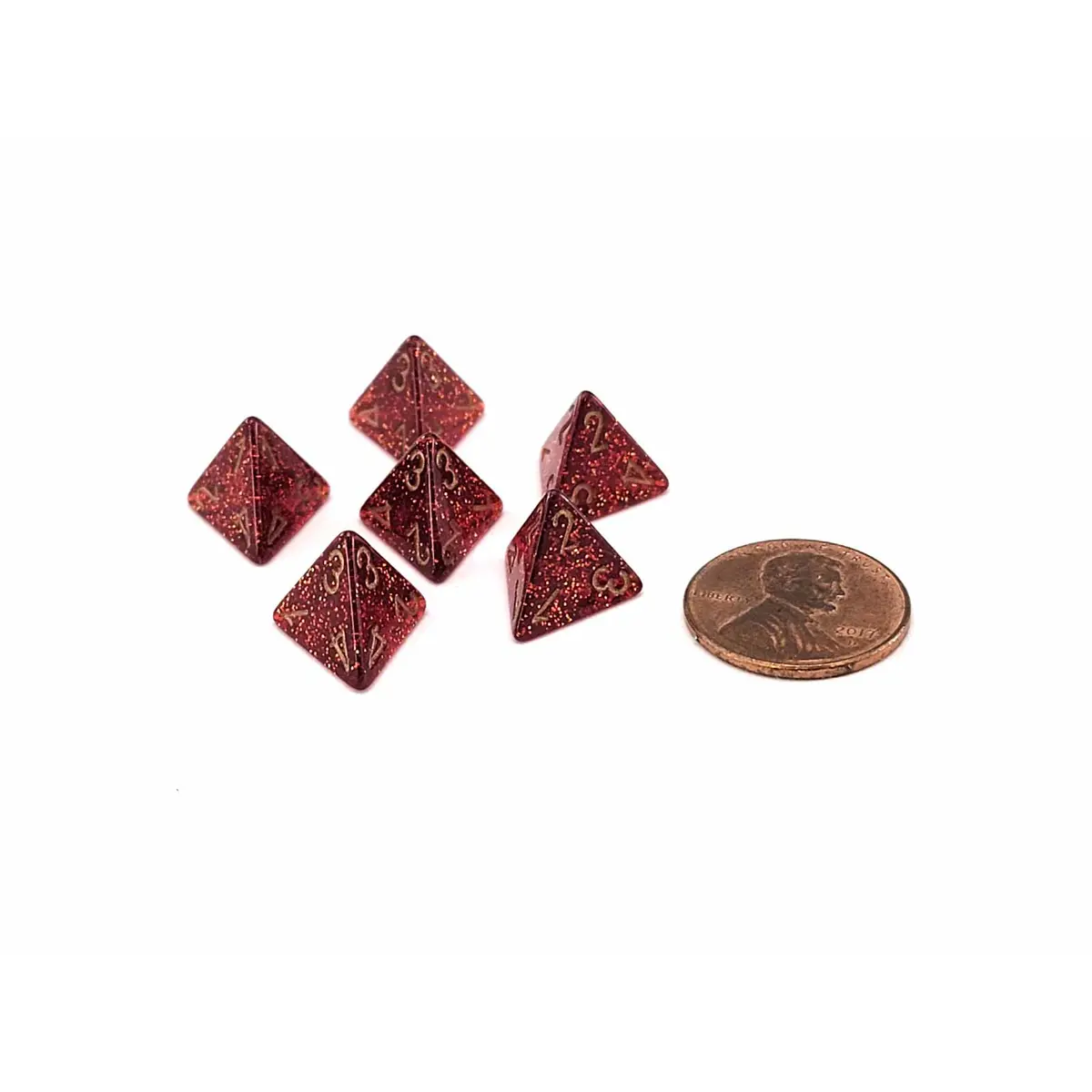 Glitter 12mm Mini 4 Sided D4 Dice, 6 Pieces - Ruby with Gold Numbers