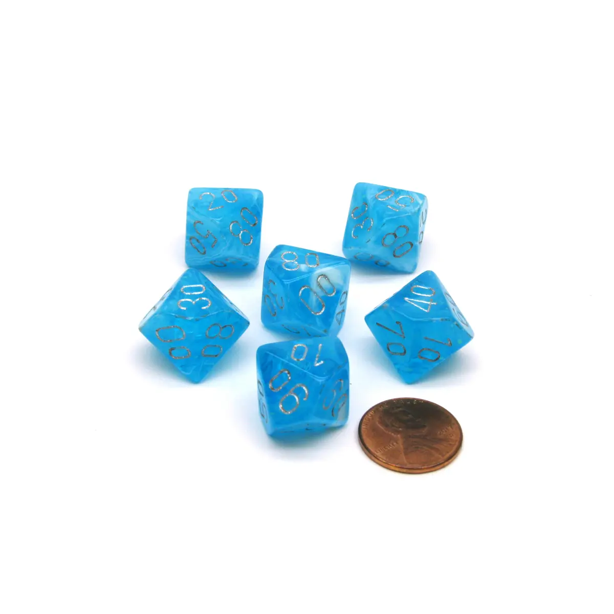 Luminary 16mm Tens D10 (00-90) Chessex Dice, 6 Pieces - Sky with Silver Numbers