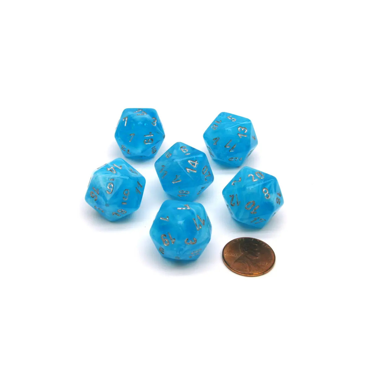 Luminary 20 Sided D20 Chessex Dice, 6 Pieces - Sky with Silver Numbers